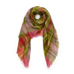 Madras check green and red wool square scarf