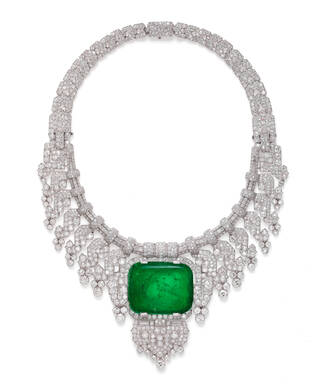 Diamond necklace with large green square emerald centre bottom