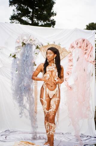 Woman modelling handmade Notting Hill Carnival Costume inspired by Sandro Botticelli's 'The Birth of Venus'