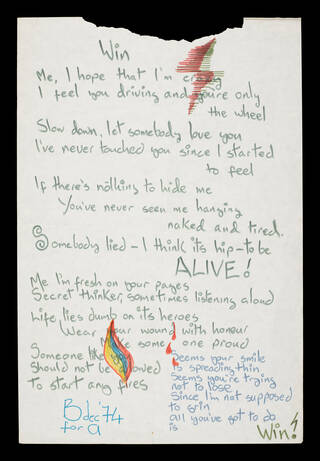 white page with hand written lyrics for song 'Win' by David Bowie