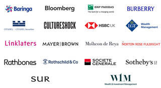Logos for Baringa, Bloomberg, BNP Paribas, Burberry, Citadel, CultureShock, HSBC UK, LGT Wealth Management, Linklaters, Mayer Brown, Mishcon de Reya, Norton Rose Fulbright, Rathbones, Rothschild & Co, Societe Generale, Sothebys, SUR, W1M