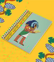 Making Egypt Young V&A exhibition range A green notebook featuring an illustration of the ancient Egyptian God Thoth on a bright yellow background.