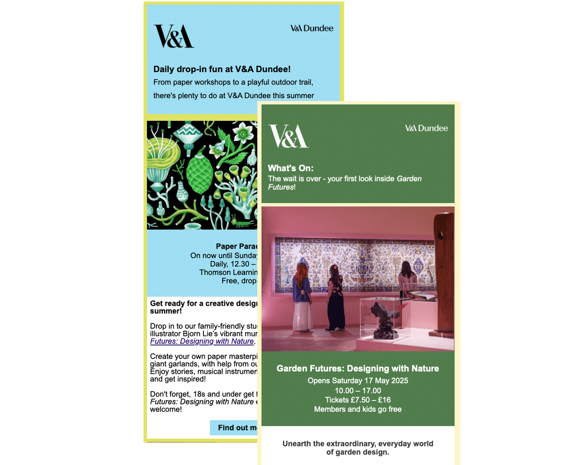 A screenshot of two e-newsletters from V&A Dundee with bold colours and graphics.